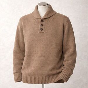 Orvis Shawl Collar Henley Lambswool Sweater Men's Large Brown Pullover Buttons